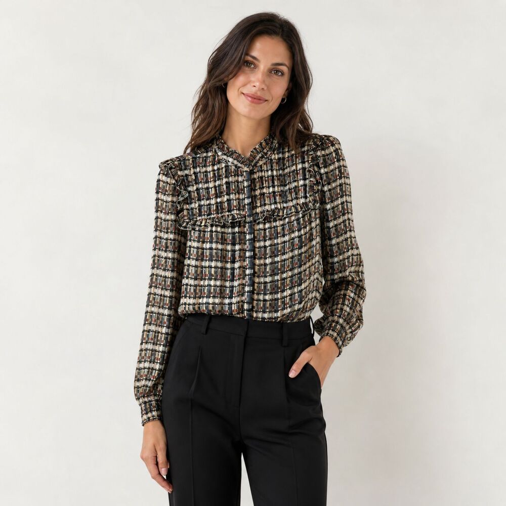 Marie Oliver 100% Silk Multi Colored Ruffle Plaid Blouse Small